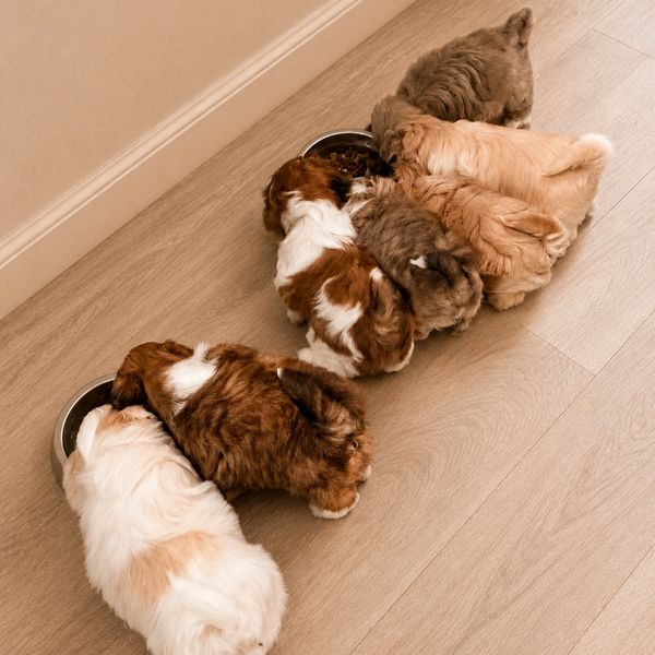A group of six puppies eating together from two bowls on a wooden floor.