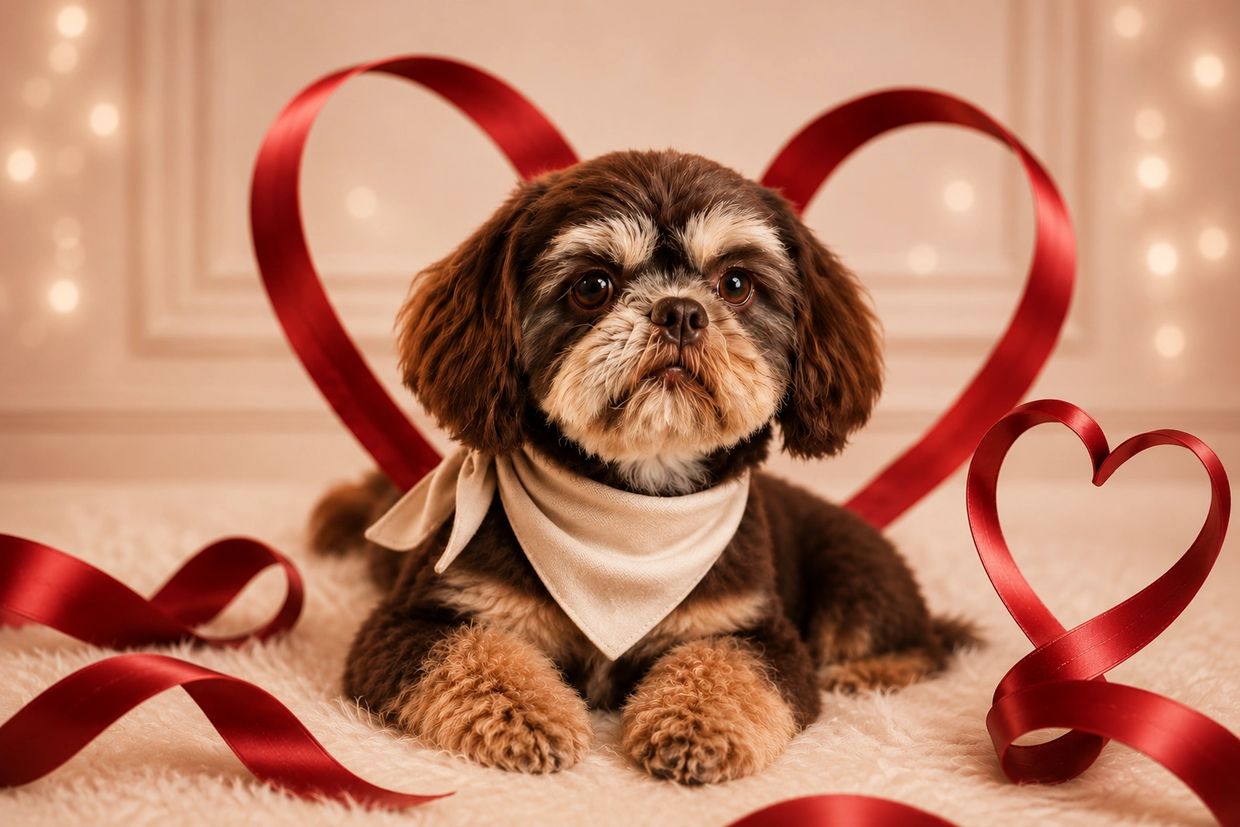 Cute dog with a beige bandana and red ribbon hearts in the background.