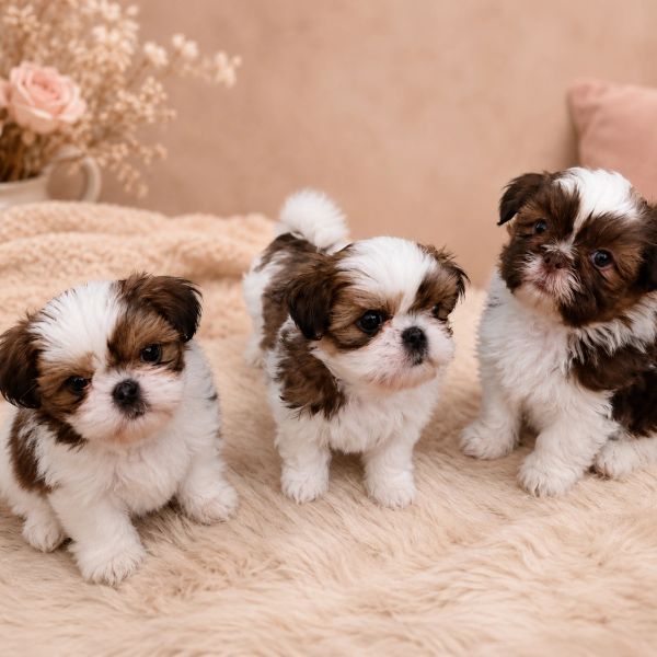 Three fluffy Shih Tzu puppies sitting on a soft beige surface.