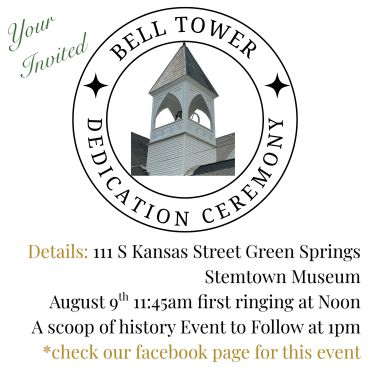 Invitation to Bell Tower dedication ceremony on August 9th at Stemtown Museum.