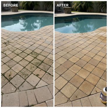 A before and after of pool deck pavers cleaned and seal.