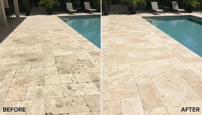 Before and after cleaning of a poolside stone patio showing dramatic dirt removal.