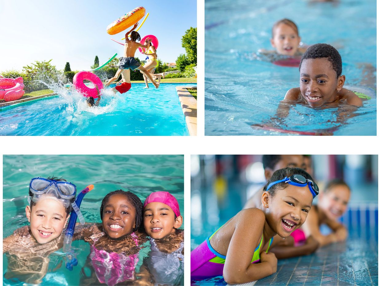 Kids jumping into a pool with colorful floaties on a sunny day.