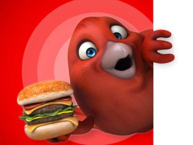 A cheerful red bird holding a large cheeseburger against a red background.