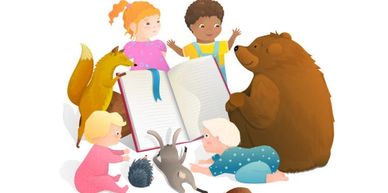 Children and animals gathered around a large open book, engaging in storytelling.
