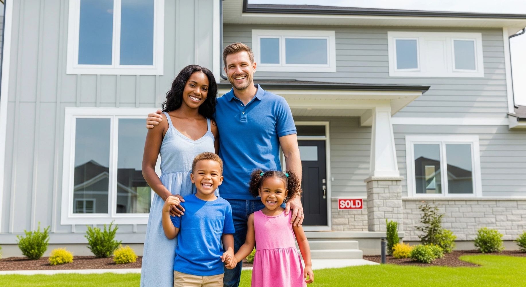 Happy family standing in front of their new home with a sold sign.
