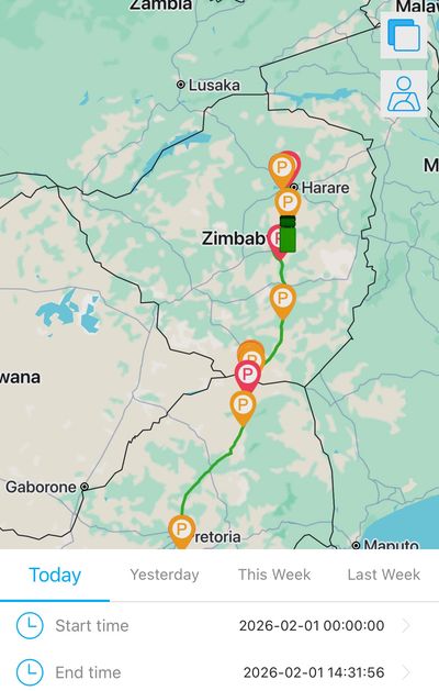 Map tracking a route from Pretoria to Harare with multiple stop points.