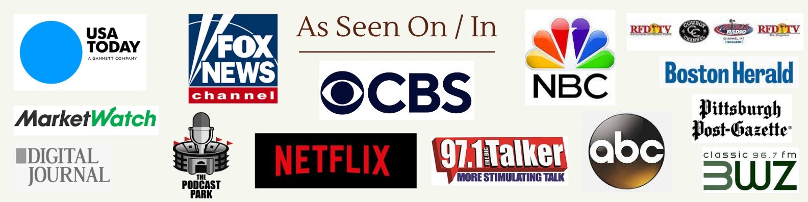 Media logos including USA Today, Fox News, CBS, Netflix, NBC, and ABC