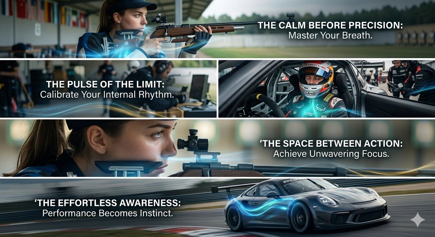 Precision and focus in shooting and racing performance.