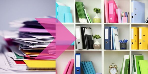Messy files with arrow to organized bookcase