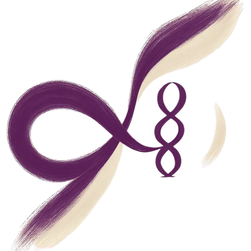 Abstract purple and cream brushstroke design with loops and curves.