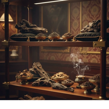 Antique wooden shelves displaying various dried herbs and aromatic incense in ornate bowls.