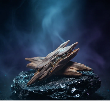 Smoldering wood pieces on a dark textured surface with blue smoke.