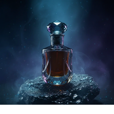 Elegant perfume bottle with dark liquid on a textured black surface and mystical blue lighting.