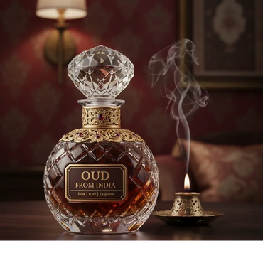 Ornate bottle of Oud from India with an incense burner emitting smoke.
