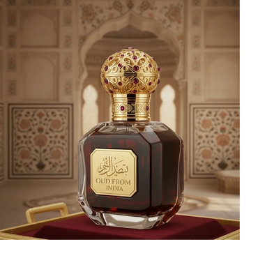 Elegant Oud perfume bottle with ornate gold and ruby cap, labeled 'Oud From India'.