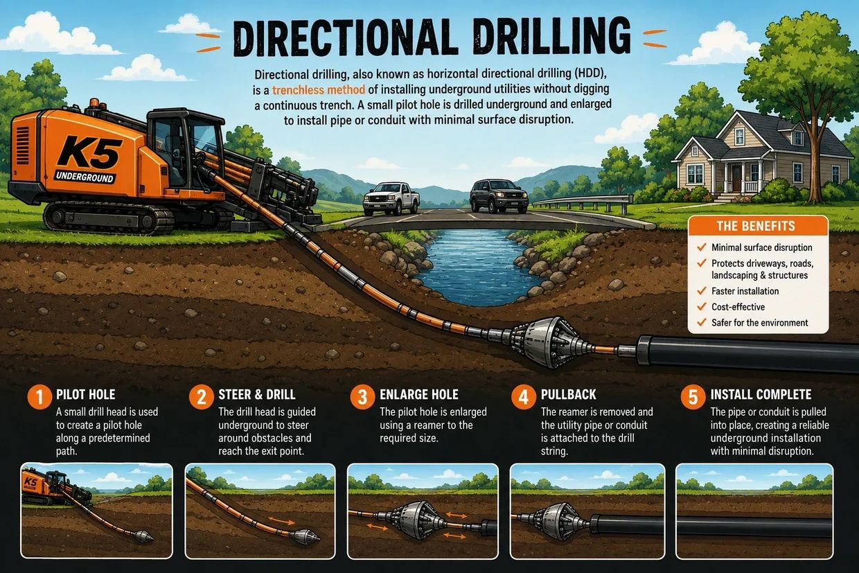 Illustration explaining the steps and benefits of directional drilling.