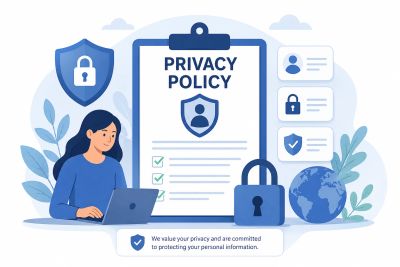 Illustration of privacy policy with secure data protection symbols.