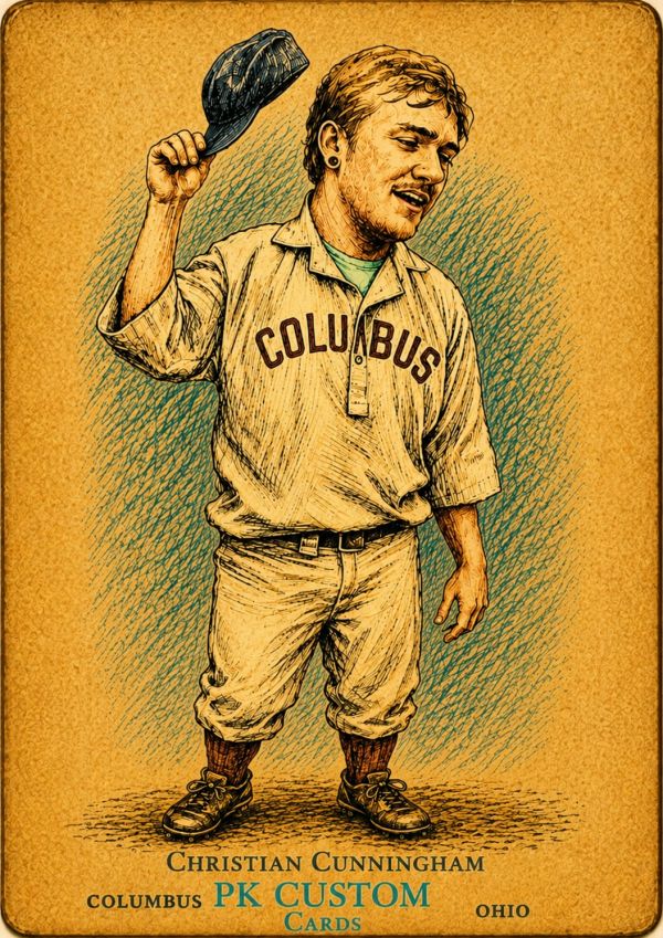Drawing of a man tipping his cap, wearing Columbus shirt.