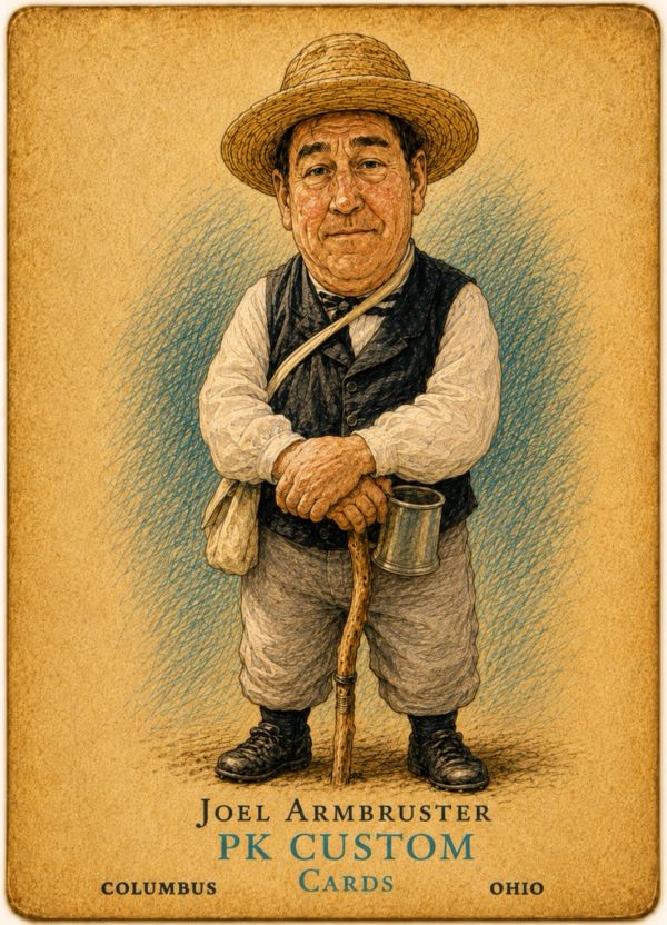 Caricature of an elderly man with a cane and hat.