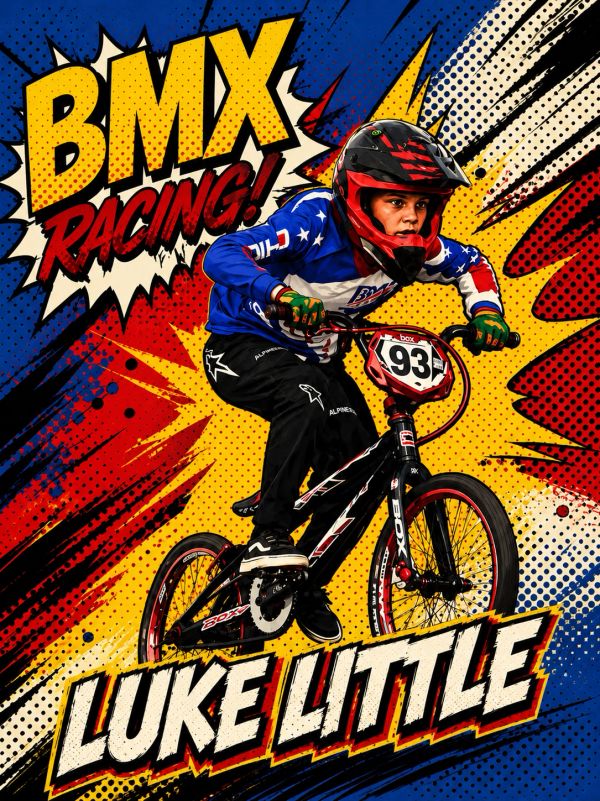 Young BMX racer Luke Little in action with vibrant comic-style background.