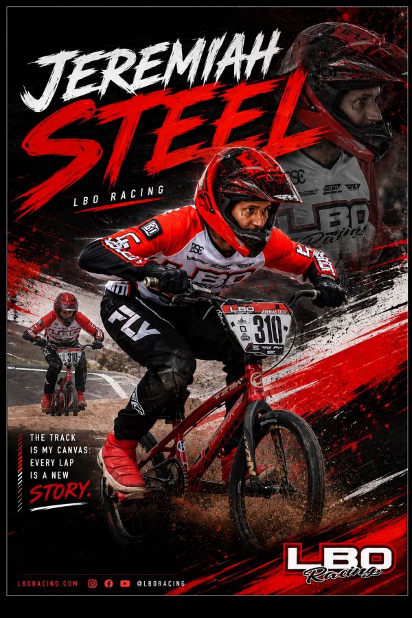 Jeremiah Steel racing on a BMX bike in LBO Racing poster.