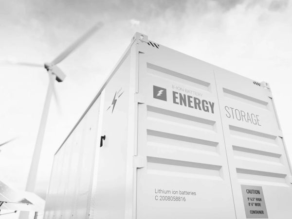 Energy storage container with wind turbines in the background.