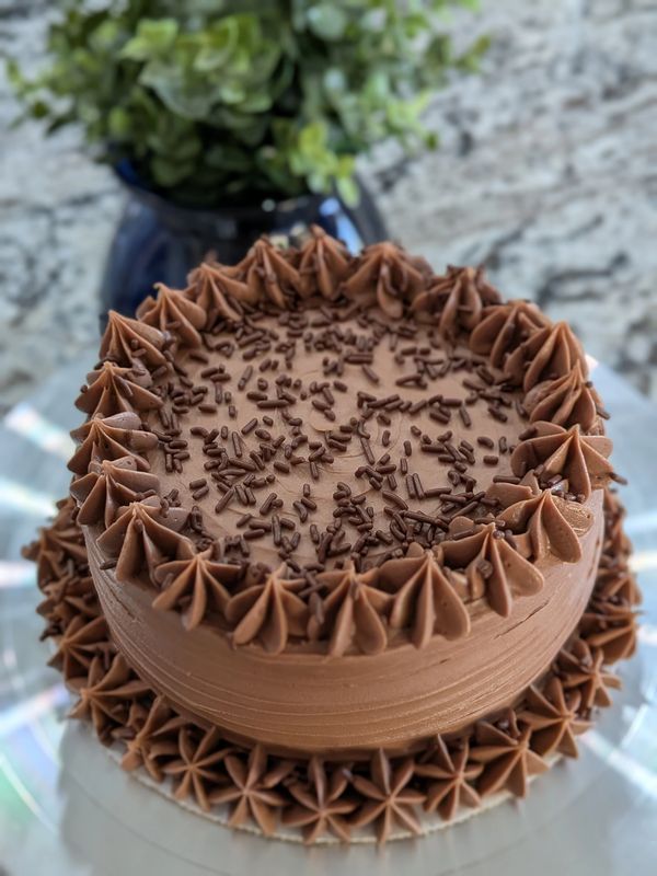 6-inch chocolate in-stock cake, chocolate textured frosting, star top and bottom borders, chocolate