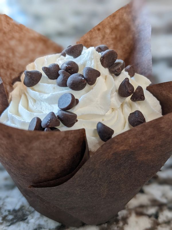 Chocolate chip cupcakes, vanilla frosting, mini chocolate chips