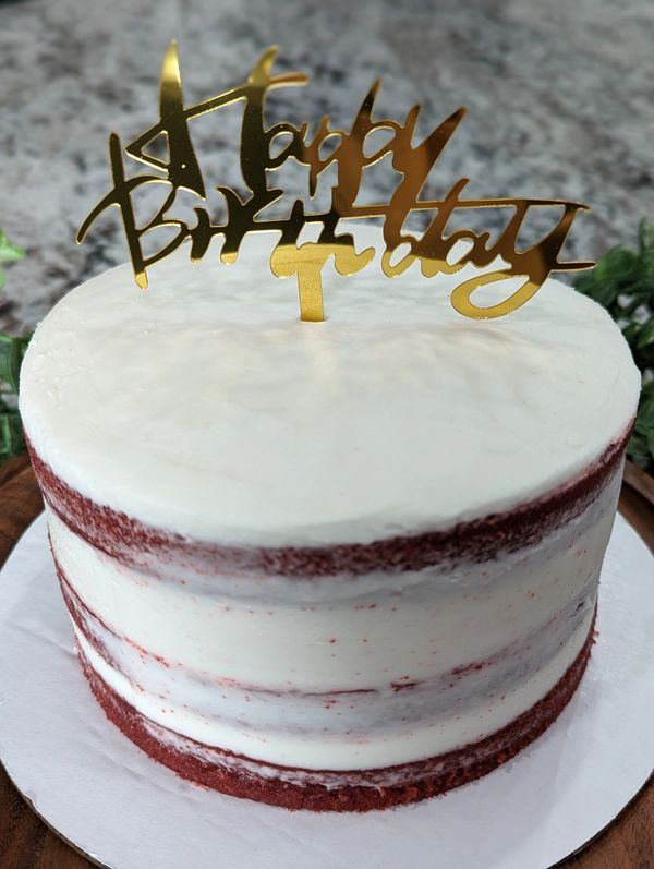 6-inch (3-layer) semi-naked red velvet cake (scant frosting on sides), vanilla frosting, flat top