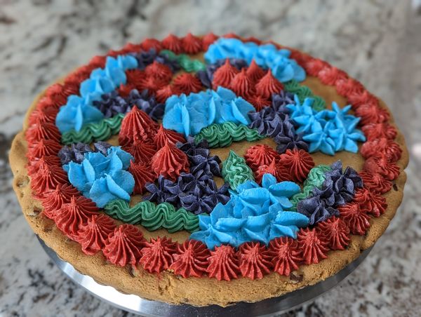 Giant chocolate chip cookie, vanilla frosting, Under the Sea decor