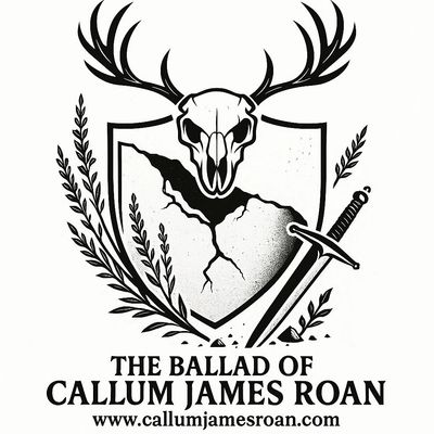 Black and white emblem with deer skull, sword, and cracked shield representing Callum James Roan.