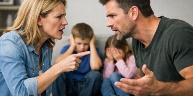 Parents arguing intensely while children cover their ears and eyes, distressed.