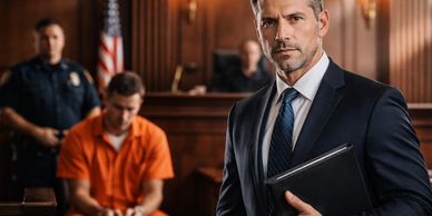 Confident lawyer in courtroom with a handcuffed prisoner and police officer in the background.