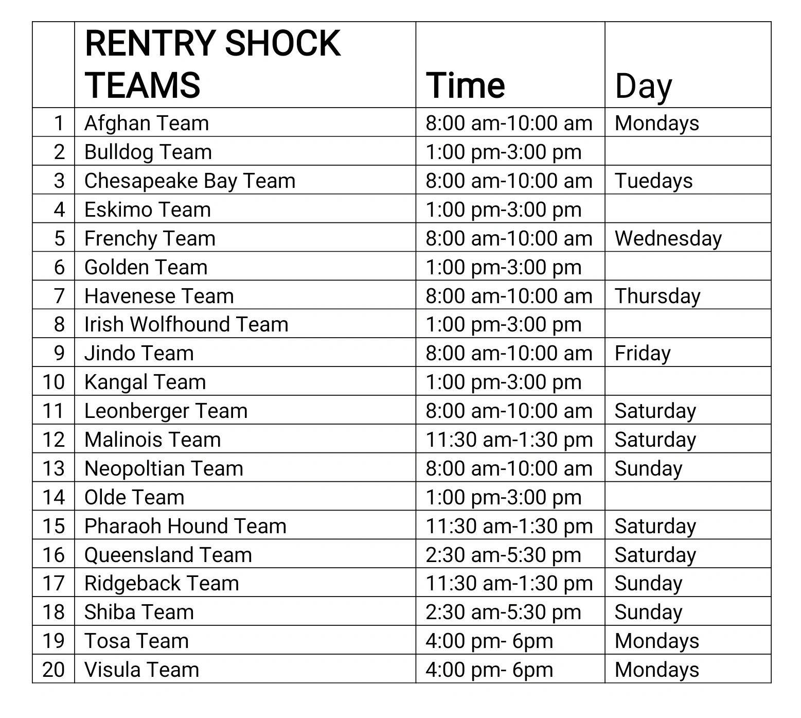 Re-Entry Shock Teams