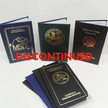 Leatherette or leather hard backed martial arts licence books with foil embossed print to the front cover.  A passport for students to record the grades they have achieved and courses attended.