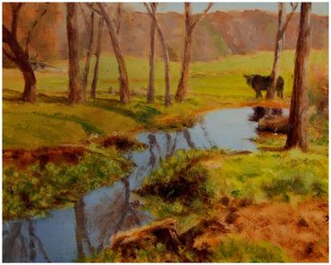 "Cow at Stream," oil, 8 x 10"