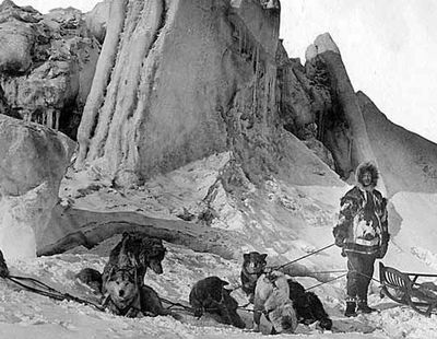 Inupiat men and dog team near Bering Sea, 1907