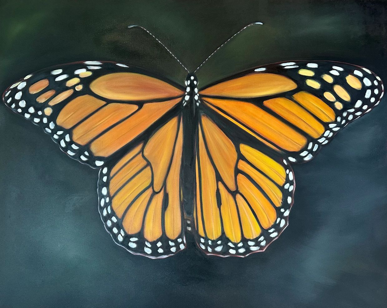 A vibrant monarch butterfly on a dark background.