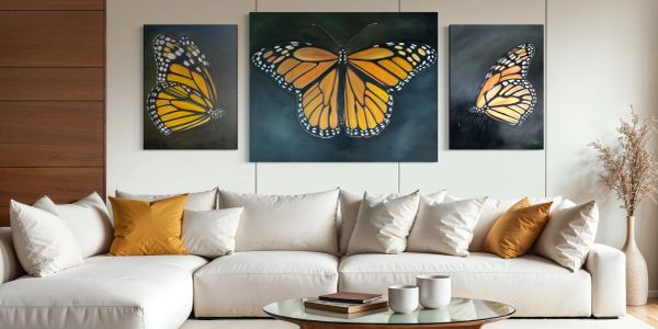Modern living room with butterfly artwork above sofa.