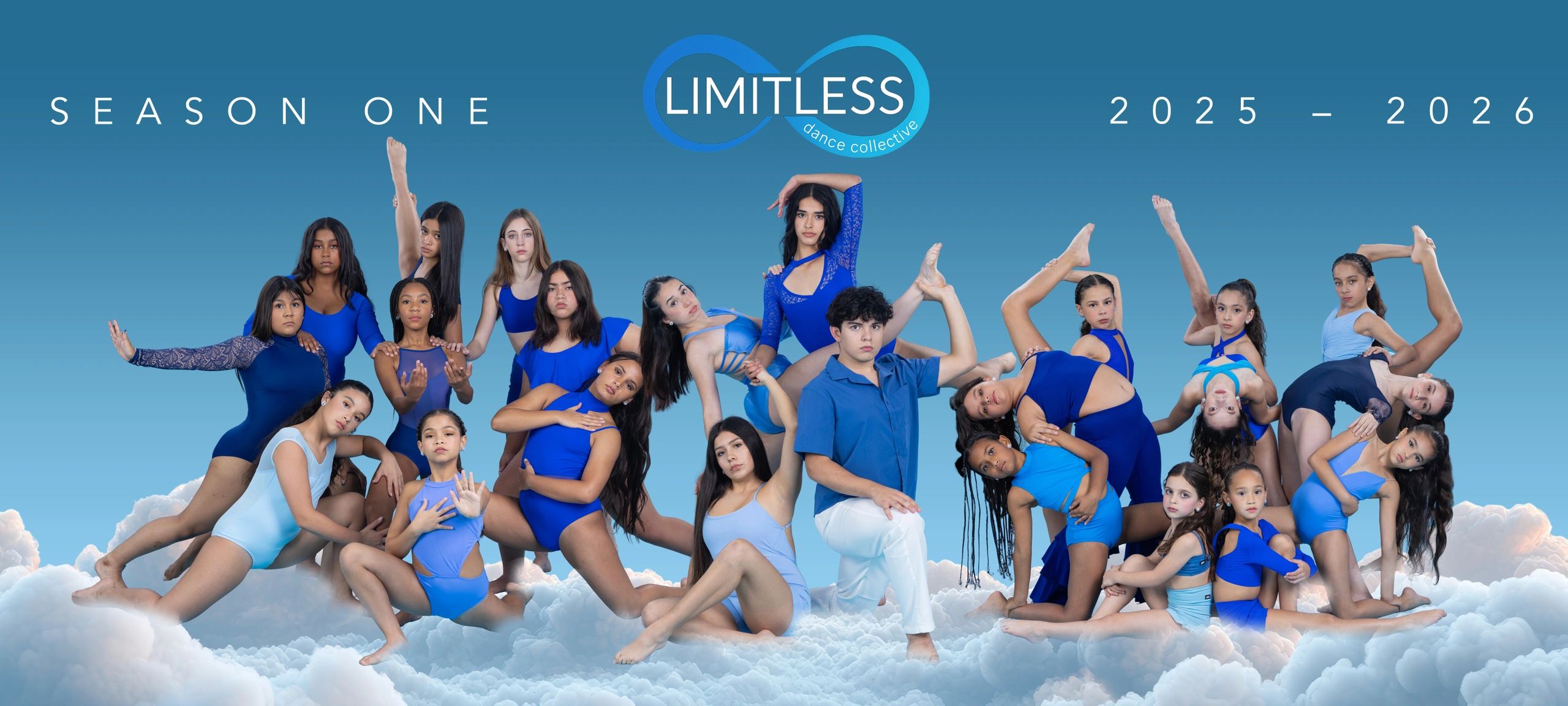 Limitless Dance Collective group posing in blue outfits on clouds for 2025-2026 season.