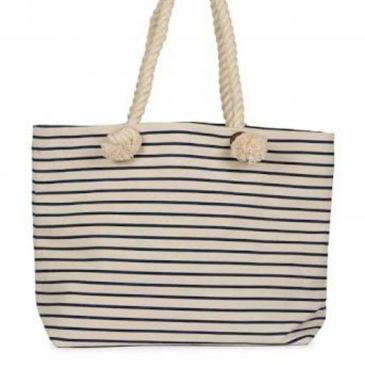 Striped beach tote bag with thick rope handles.