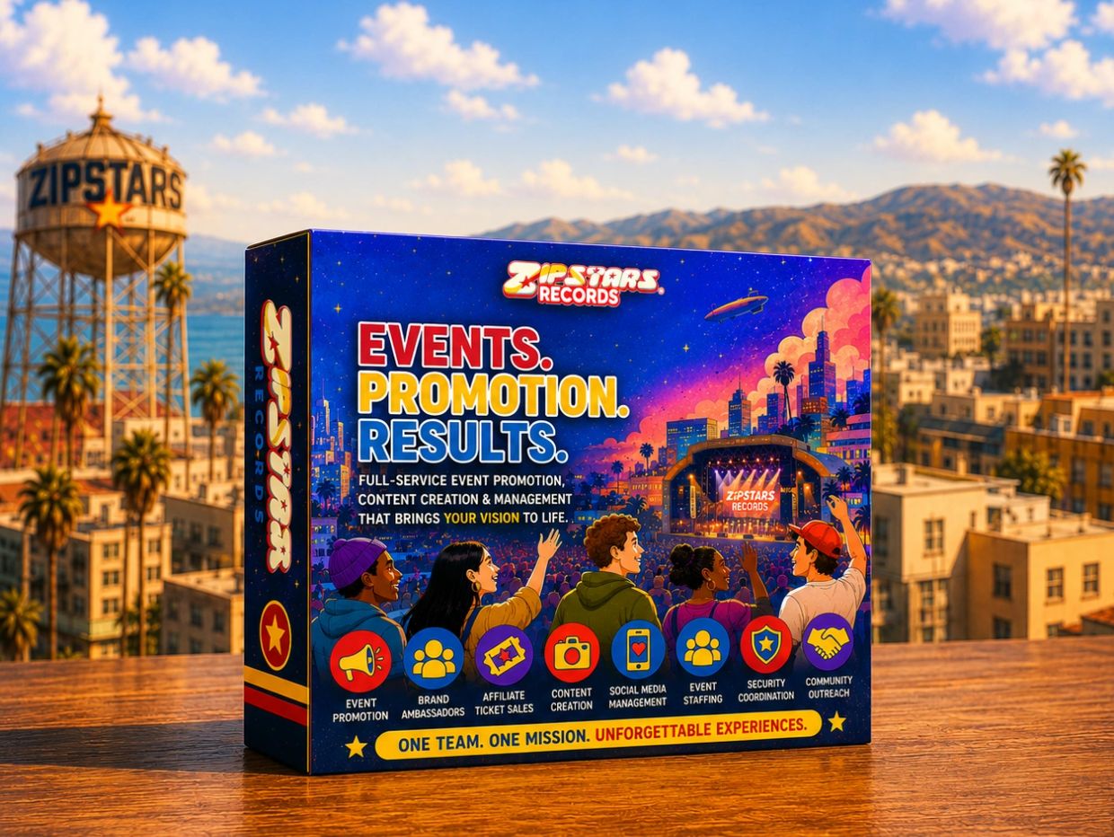 Vibrant event promotion box from Zipstars Records with cityscape backdrop.
