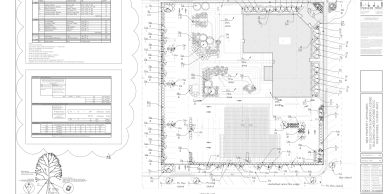 Detailed architectural site plan with measurements, landscaping, and structural details.