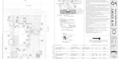 Architectural site plan with landscape details and technical notes.