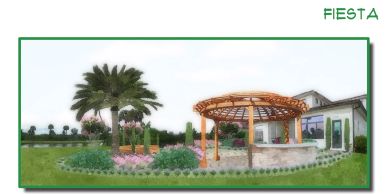 A garden scene with a palm tree, flowers, and a gazebo by a building.