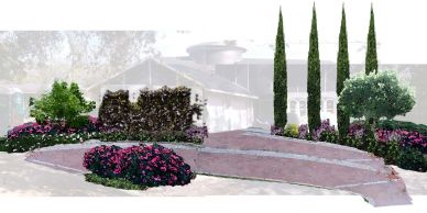 A landscaped garden with shrubs, flowers, and tall cypress trees.