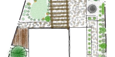 Hand-drawn garden layout with pathways, plants, and seating areas.