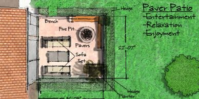 Hand-drawn plan of a paver patio with seating and fire pit for relaxation.