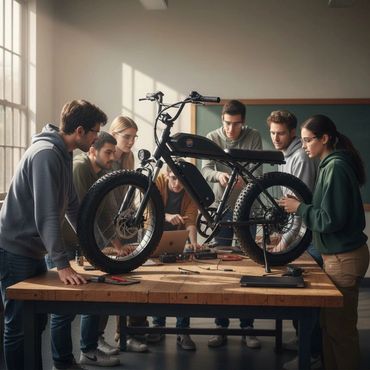 A team of young engineers working on an electric bike prototype.